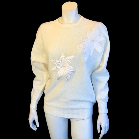 80s Cream POINSETTA Dolman Sleeve Beaded Sweater / M L - Picture 8 of 9